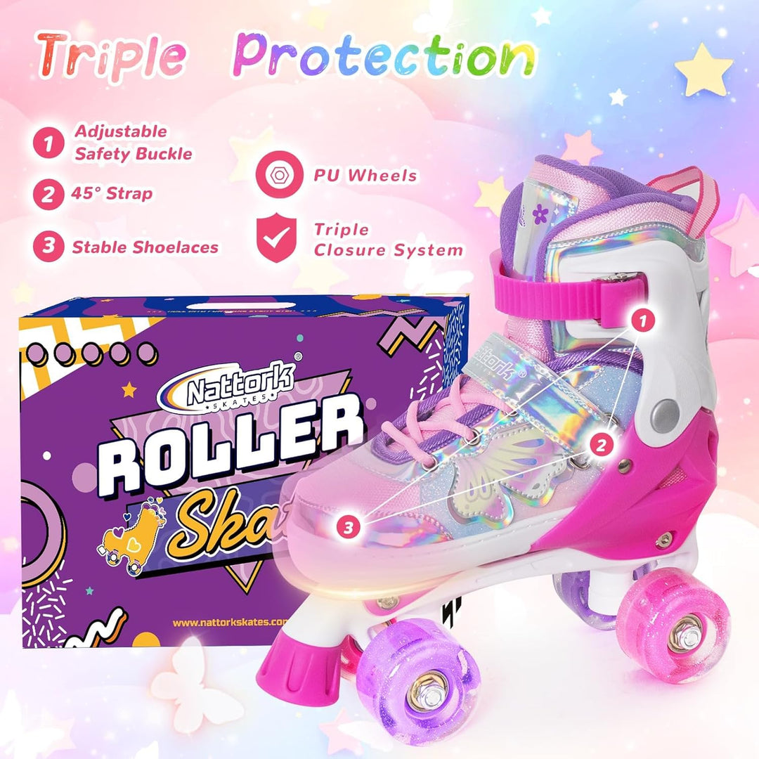 Nattork Kinder Rollschuhe für Mädchen und Jungen, 4 Grössen Verstellbar, Vierrad-Rollschuhe mit Schm