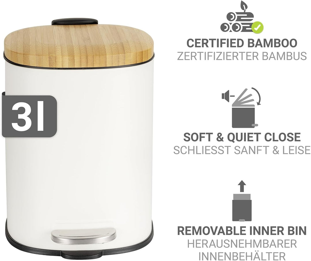 WENKO Kosmetikeimer Mod. Fianema Treteimer 3L weiss mit Bambusdeckel Easy-Close Absenkautomatik Meta
