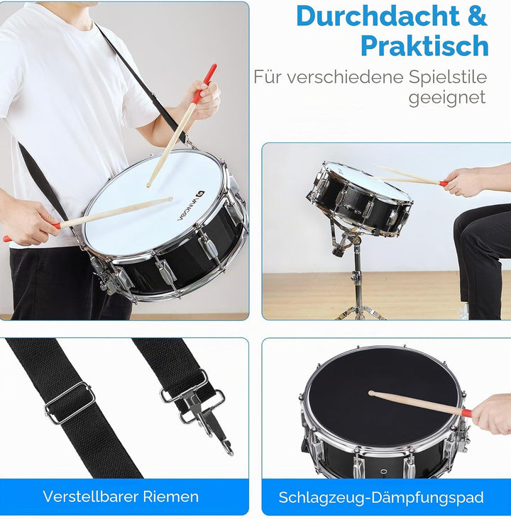 Vangoa Snare Drum Set, Student Snare Drum Kit mit Ständer, Drum Mute Pad, 5A Drum Sticks, Drum Keys,