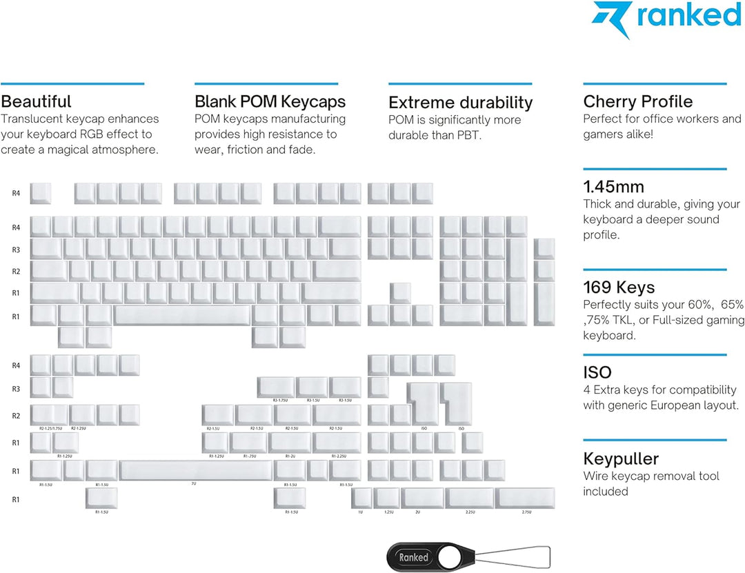 Ranked POM Jelly Hochwertiges Durchscheinendes Tastenkappen-Set | 1,45 mm Dickes PBT | Cherry-Profil
