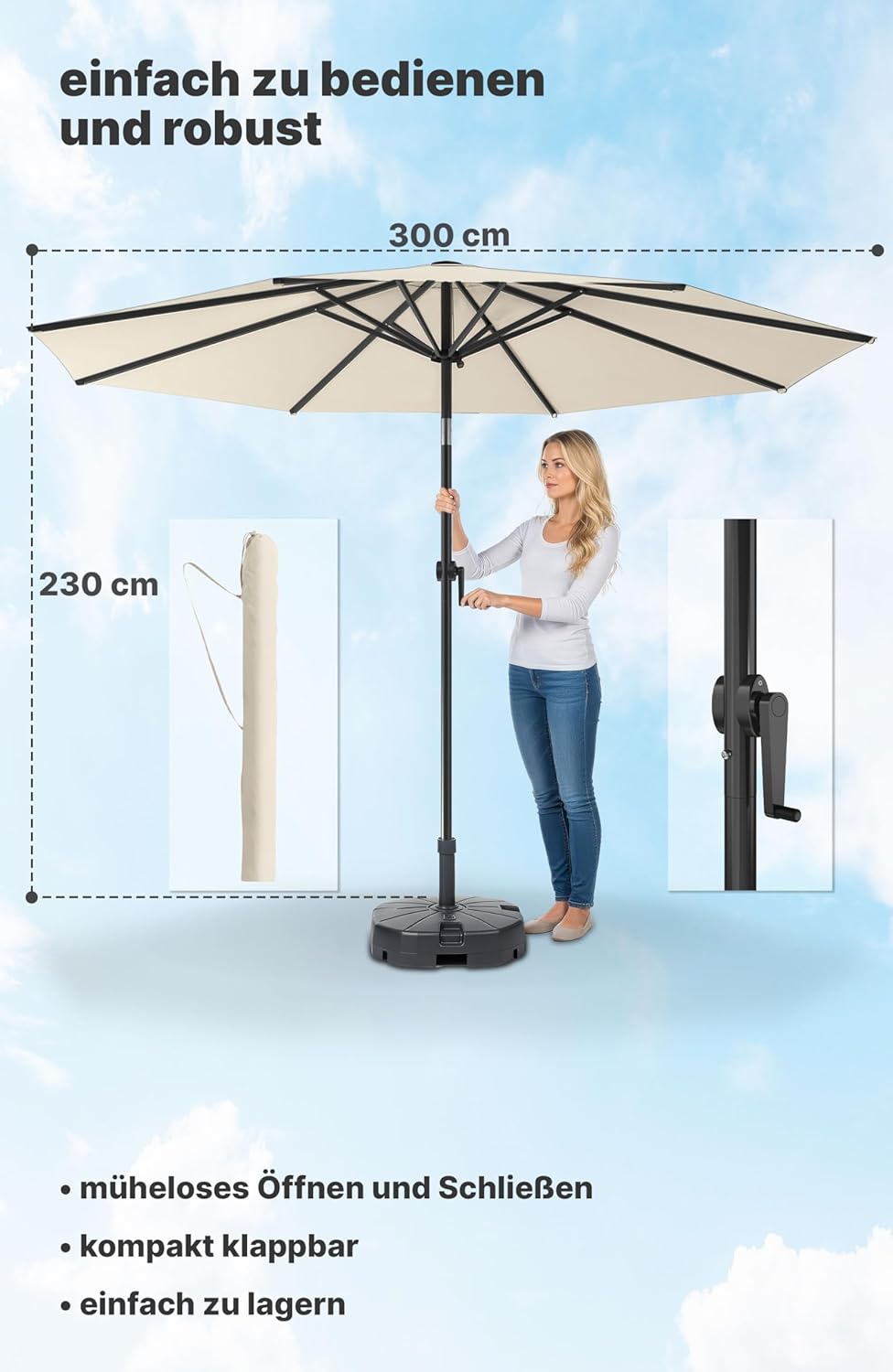 4smile Sonnenschirm 300 cm, mit Kurbel – grosser Sonnenschirm Balkon für die Terrasse, mit UV 50+ Sc