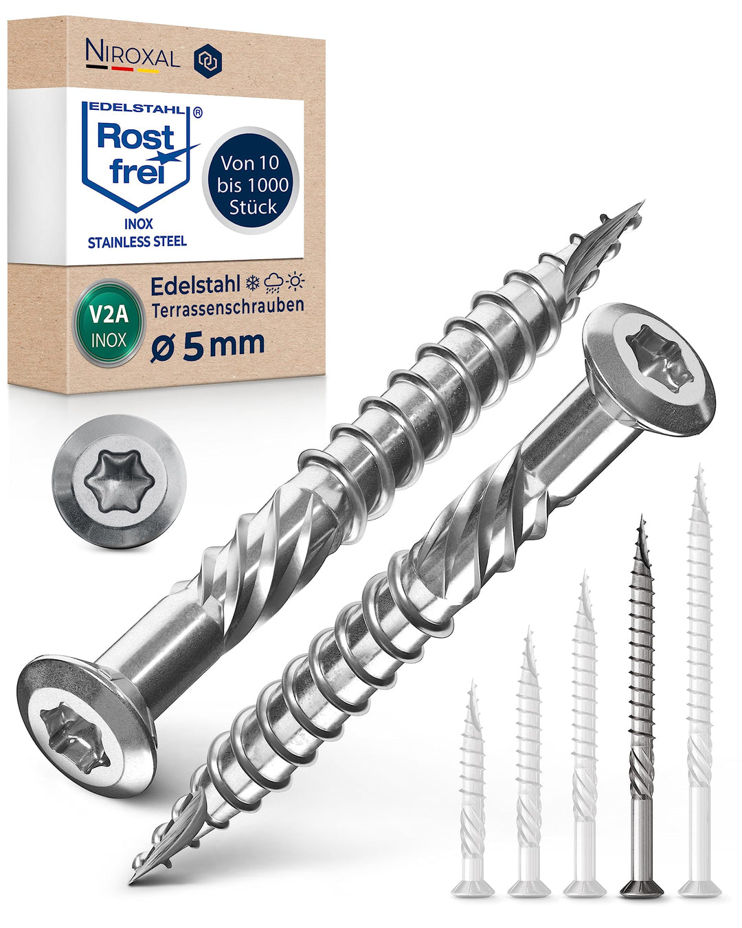Terrassenschrauben 5x70 Edelstahl A2 Linsenkopfschrauben Torx Schrauben 5mm stark 400 Stück Holzschr