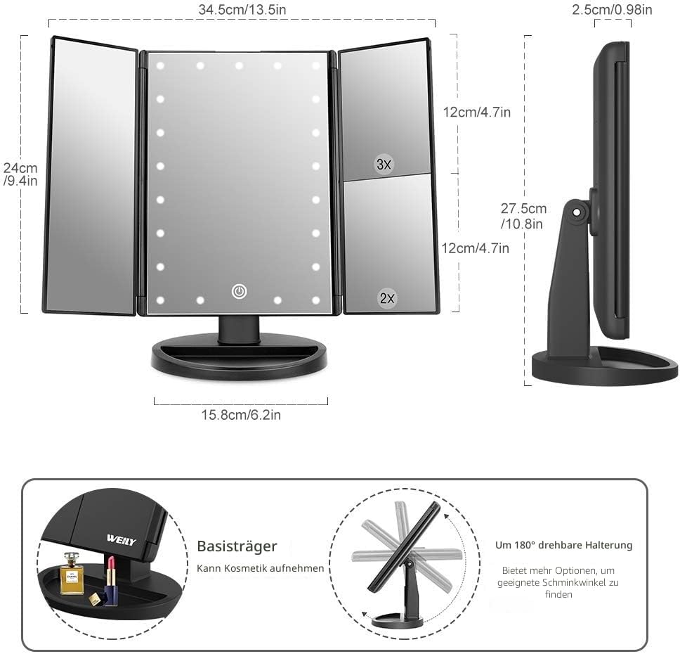 WEILY Kosmetikspiegel mit 21 LED Licht und 2X/ 3X Vergrösserung, USB und Batterie Dual Power Modus,