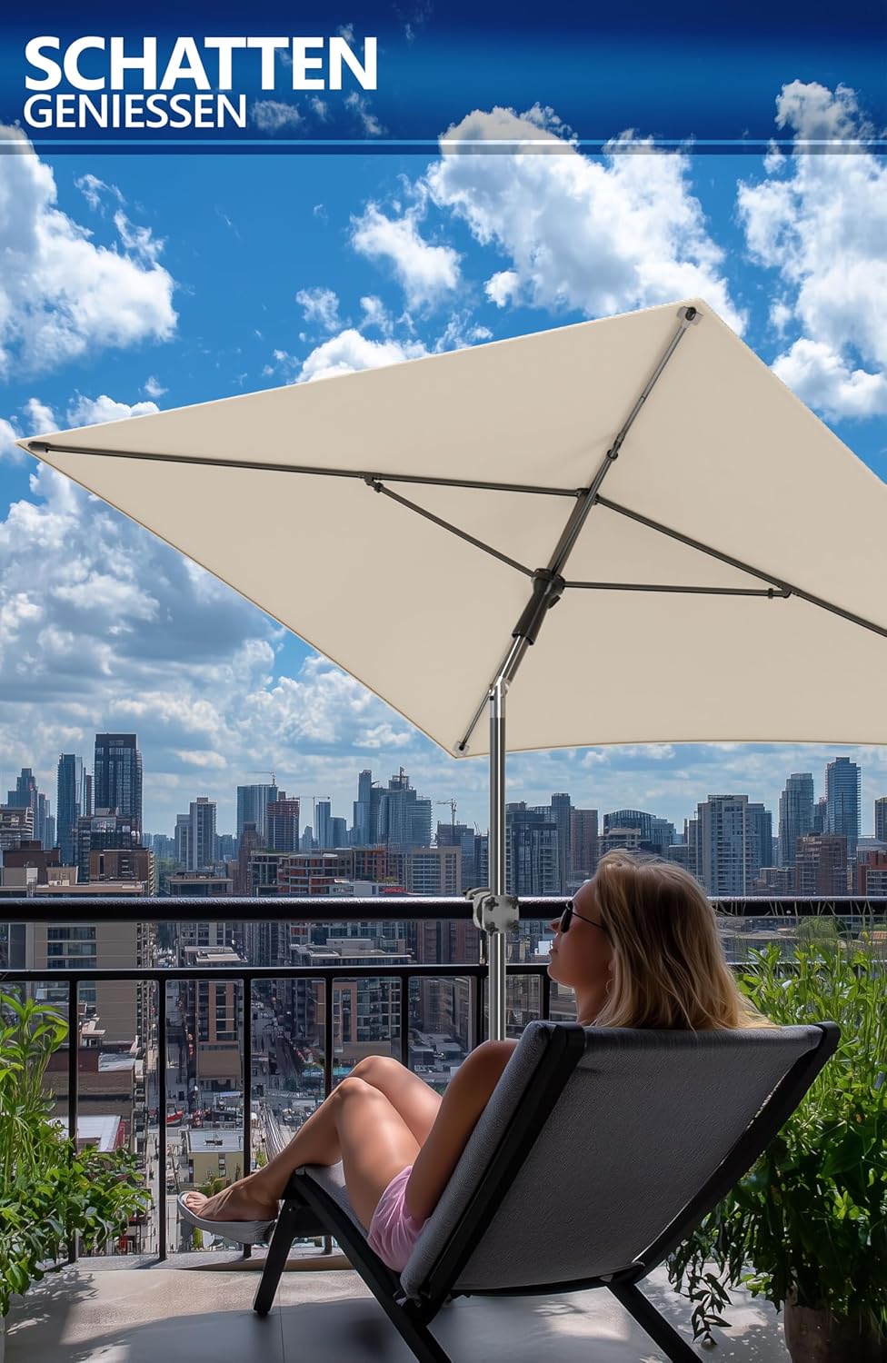 4smile Sonnenschirm Balkon SunnyShade, Sonnnenschutz Balkon SET 3-in-1, Beige - UV50+ SunnyGuy Sonne