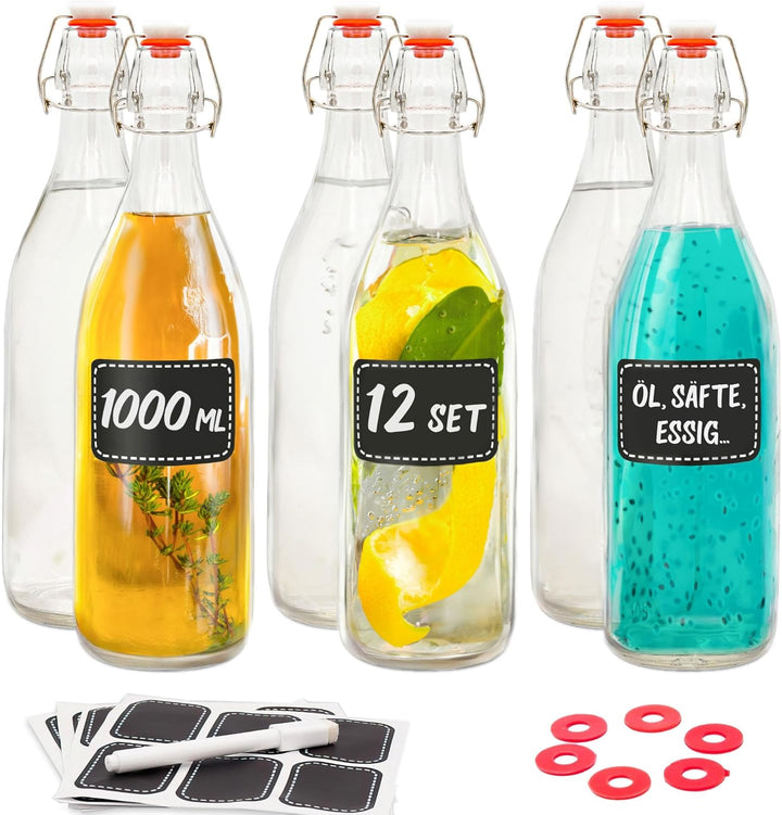 Praknu 12er Set Glasflaschen 1l mit Bügelverschluss - Bügelflaschen Zum Befüllen - inkl 12 Extra Dic