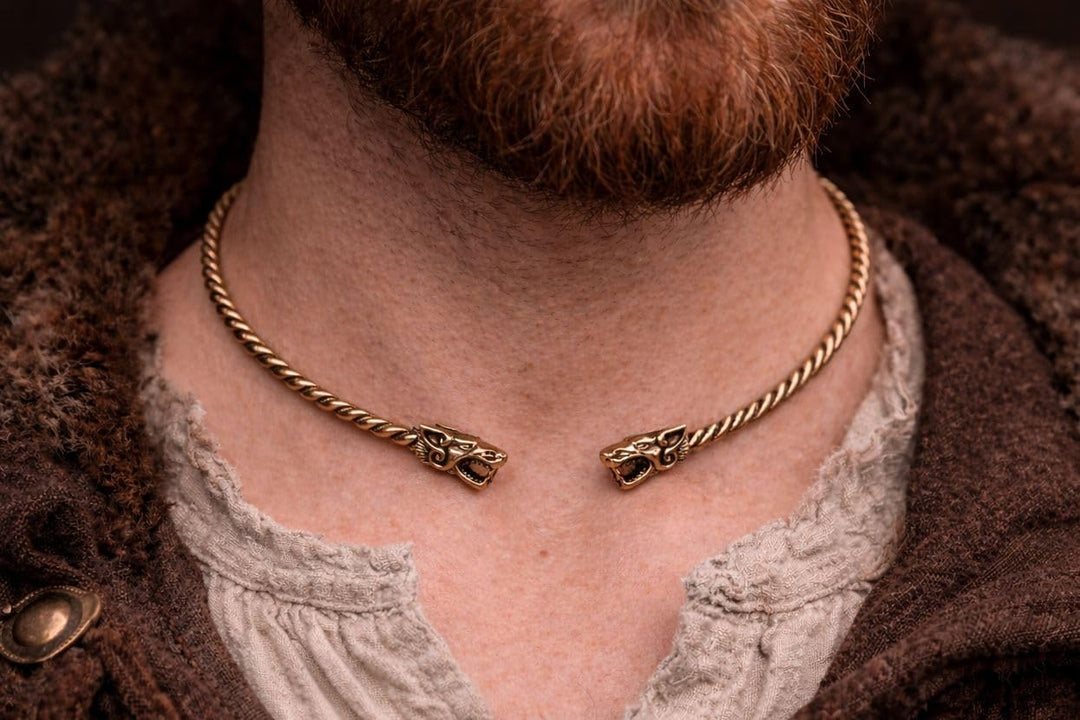 Windalf Wikinger Männer Torques FENRAR Ø 14 cm Vikings Hals-Schmuck Handarbeit aus Bronze