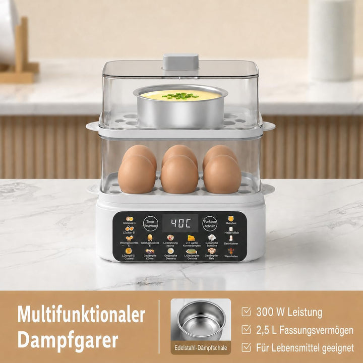 Eierkocher für 12 Eier, Multifunktions-Dampfgarer 2,5L mit 16 Programmen, 300W Eier Kocher mit Edels