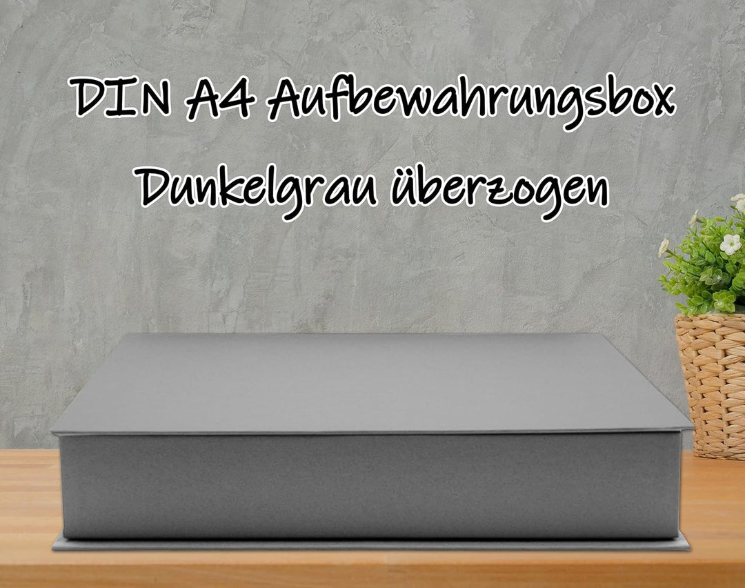 NEUSER PAPIER Geschenkbox mit Klappdeckel - 4 Stück - DIN A4 - Dunkelgrau bezogen - innen schwarz ka