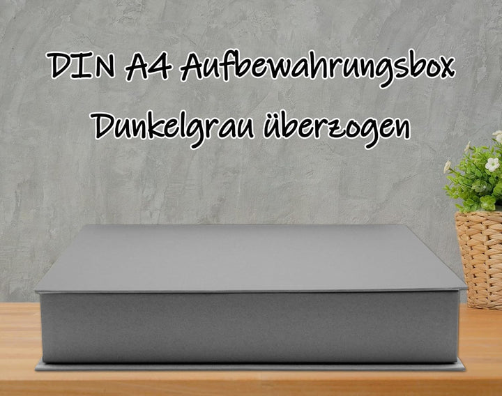 NEUSER PAPIER Geschenkbox mit Klappdeckel - 4 Stück - DIN A4 - Dunkelgrau bezogen - innen schwarz ka