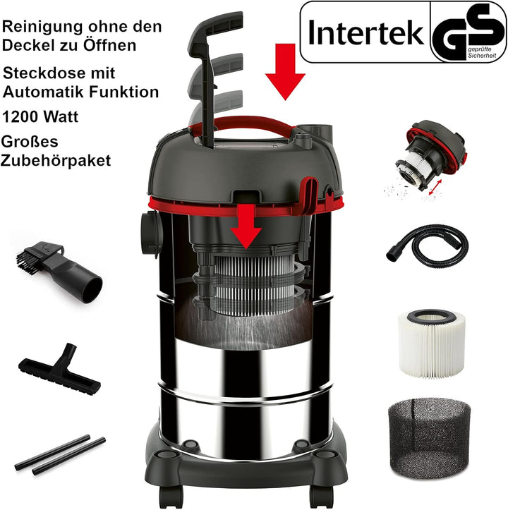 Mauk Industriesauger Nass-Trockensauger 1200W | Beutellos mit Kabel | 30L | Saugen und Wischen in ei
