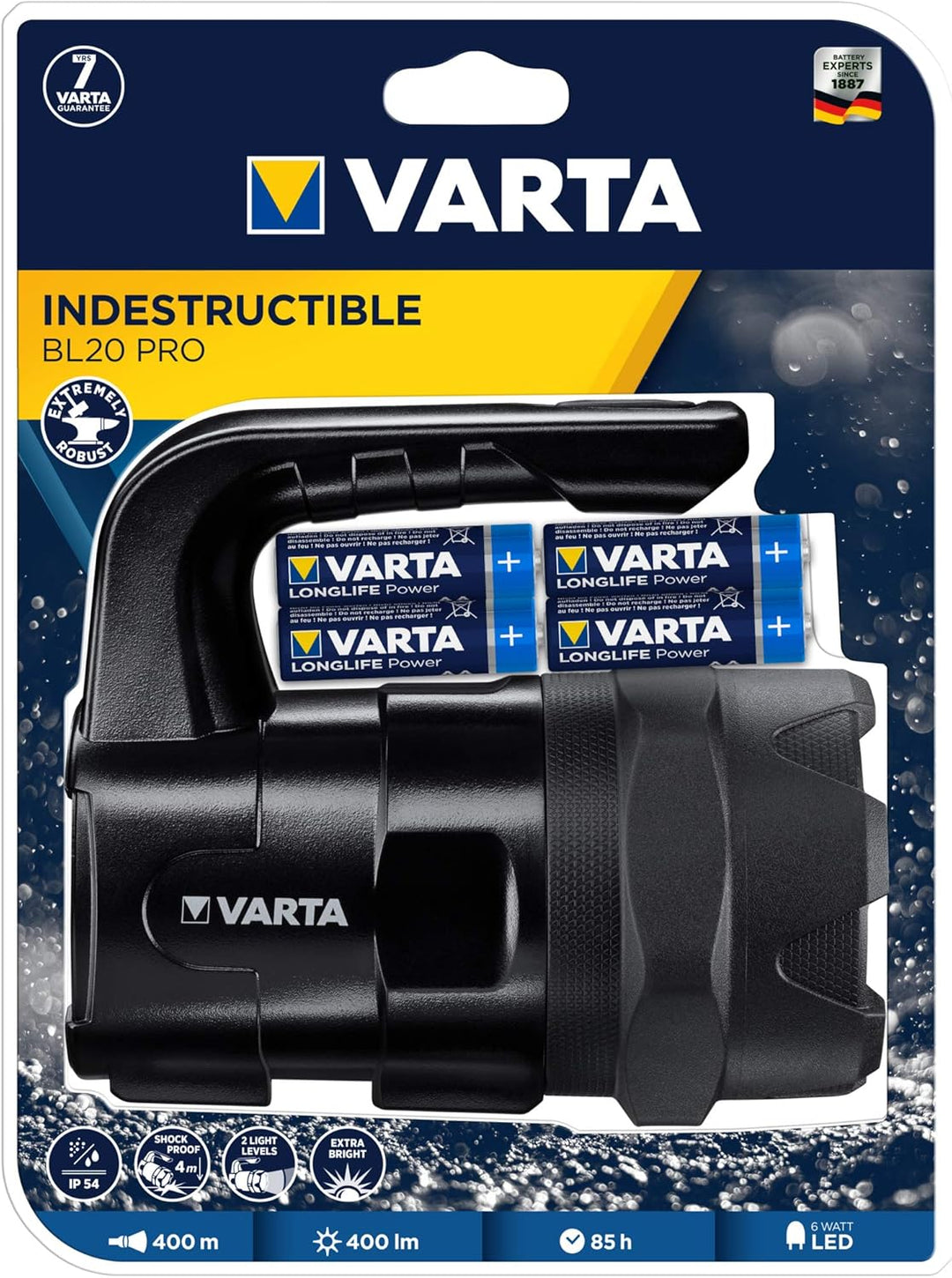 VARTA Taschenlampe LED Laterne inkl. 6x AA Batterien, Indestructible BL20 Pro Arbeitsleuchte, zwei L