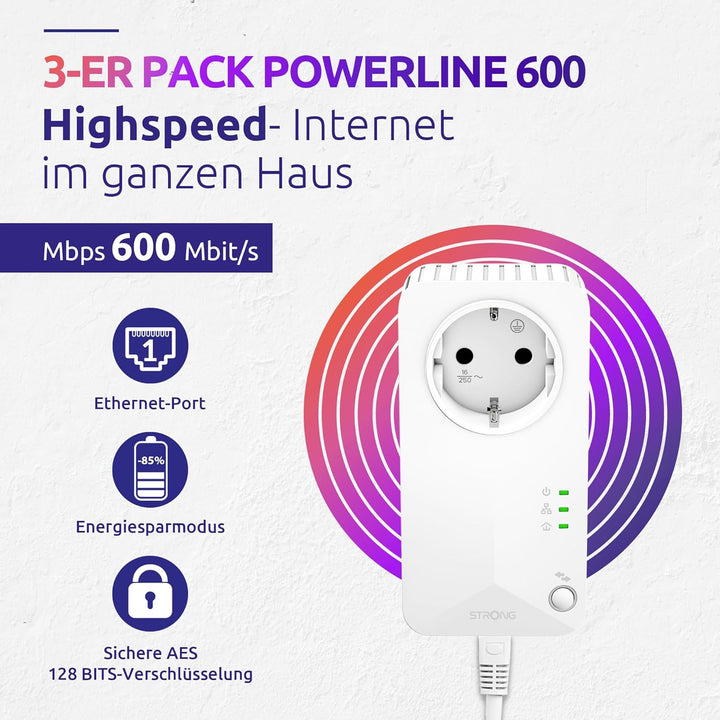 STRONG Powerline 600 Triple Pack | enthält 3 Powerline 600 Adapter | bis zu 600 Mbit/s |HomePlug AV