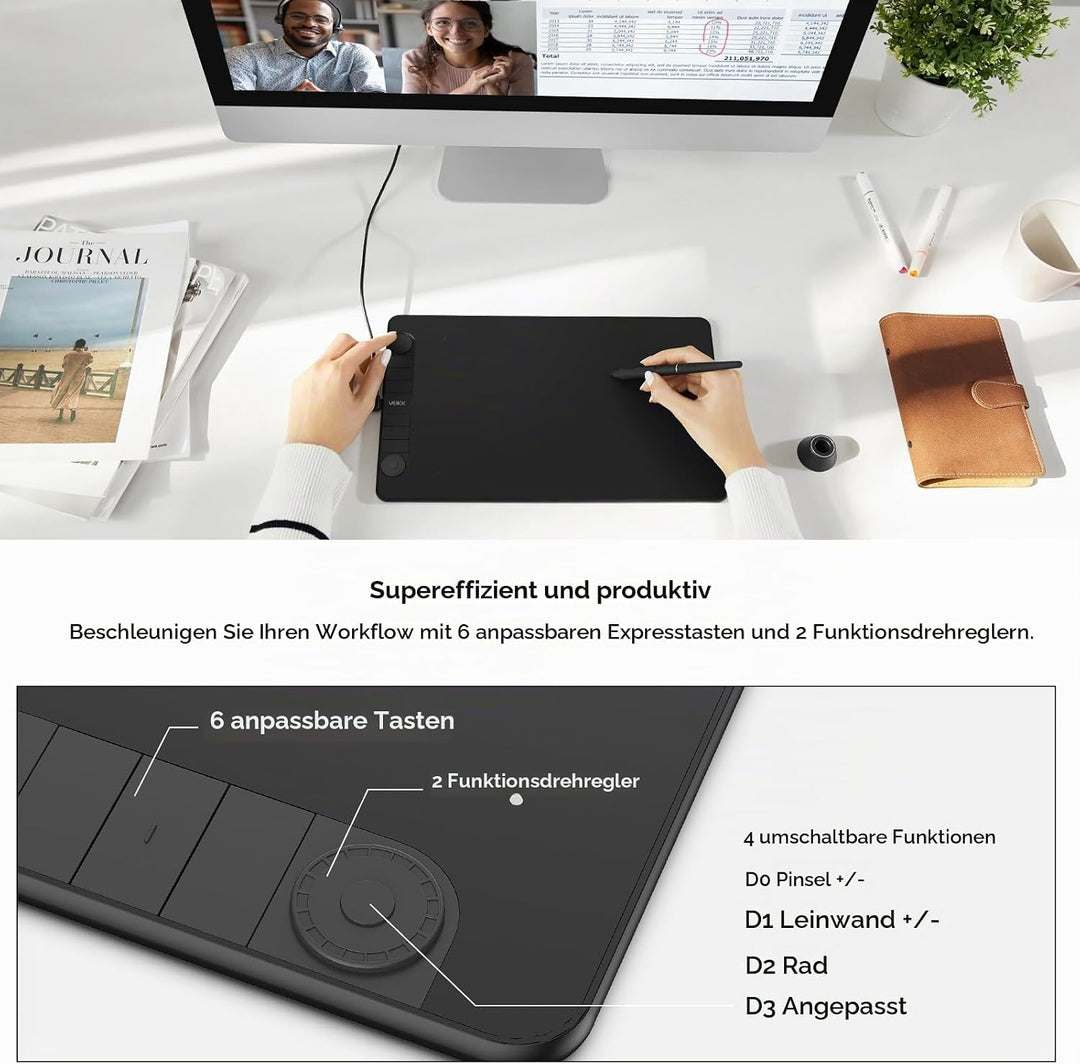 Grafiktablett VEIKK VK1060PRO V2,10 x 6 Zoll Zeichentablett mit 8 Tastenkombinationen mit Batterielo