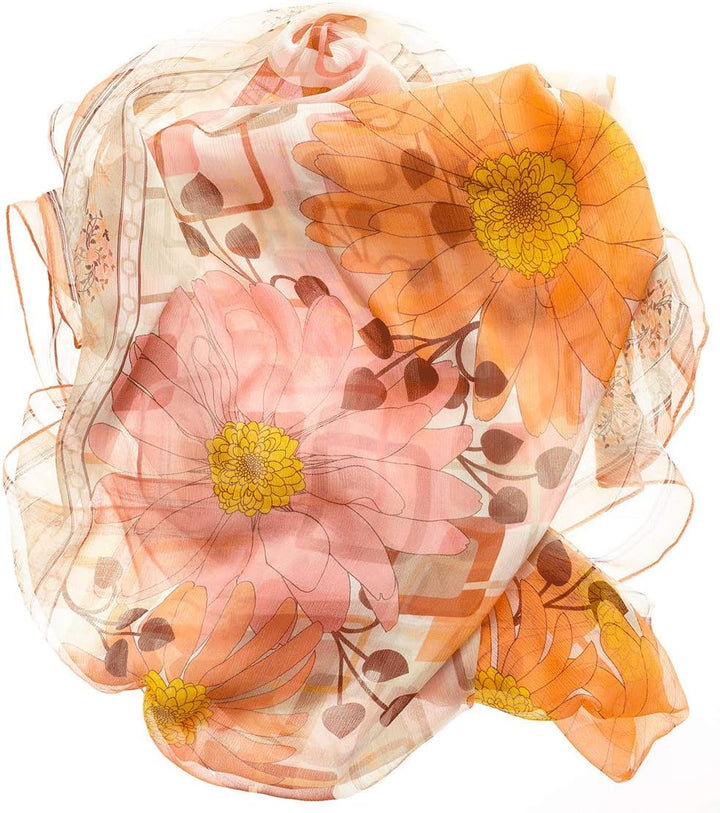 Modassori Damen-Mode Schal Pareo Schultertuch Seiden-Kollektion 2024 Blumen-Muster Gelb-Orange Artik