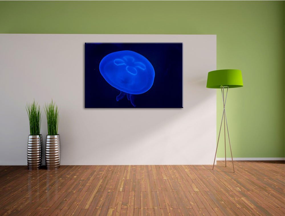 Pixxprint Leuchtend Blaue Qualle auf Leinwand, XXL riesige Bilder fertig gerahmt mit Keilrahmen, Kun