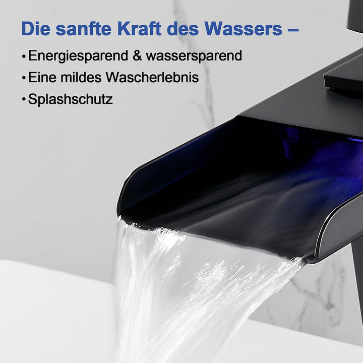 LED Einhebelmischer Waschbecken Wasserhahn, RGB 3 Farbwechsel Armatur mit Temperatursensor, Wasserfa