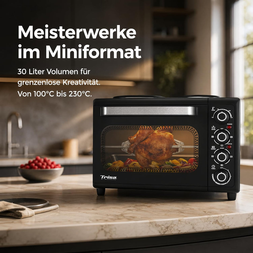 Trisa Mini Backofen 30L - Perfekt Zum Backen, Grillen & Braten, Temperaturregelung 100-250°C, 60 Min