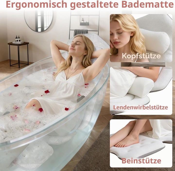 Badewannenmatte Ganzkörper mit Kissen, Badewannenkissen Ganzkörper 134x41cm, 4D Badekissen mit Kopfs