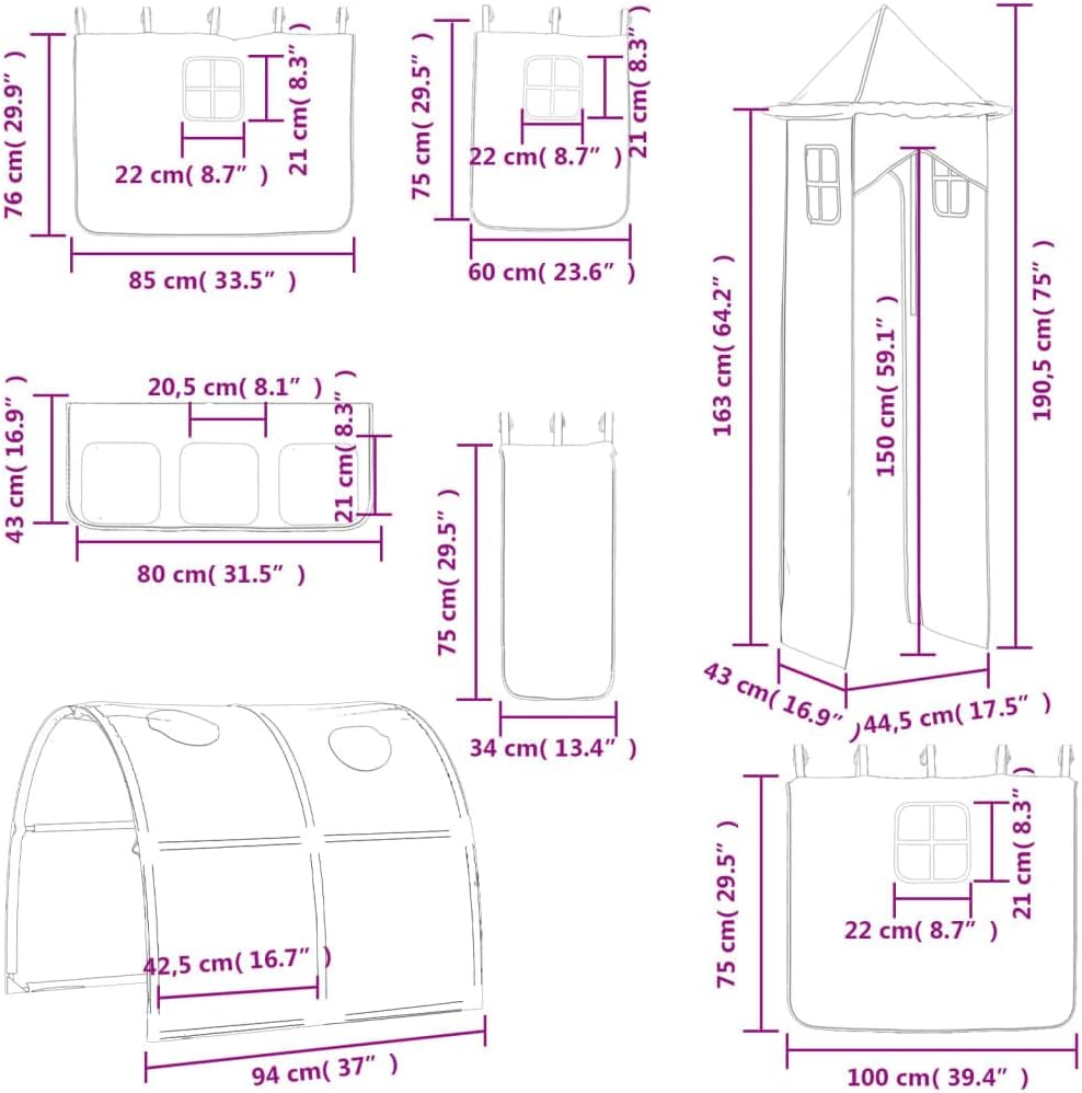 vidaXL Vorhänge für Hochbett mit Tunnel und Turm Rosa, Rosa