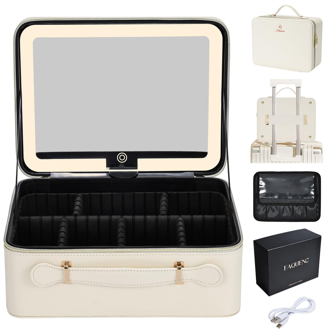 Leder-Kosmetiktasche mit LED-beleuchtetem Spiegel Reise-Kosmetikkoffer Einstellbare Helligkeit in 3
