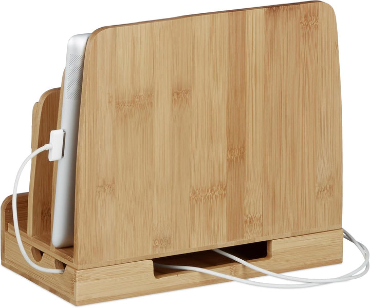 Relaxdays Ladestation Bambus, Ladestationhalter, 3 Ablagen, Smartphone, Handy, Tablets, HBT: 23 x 25