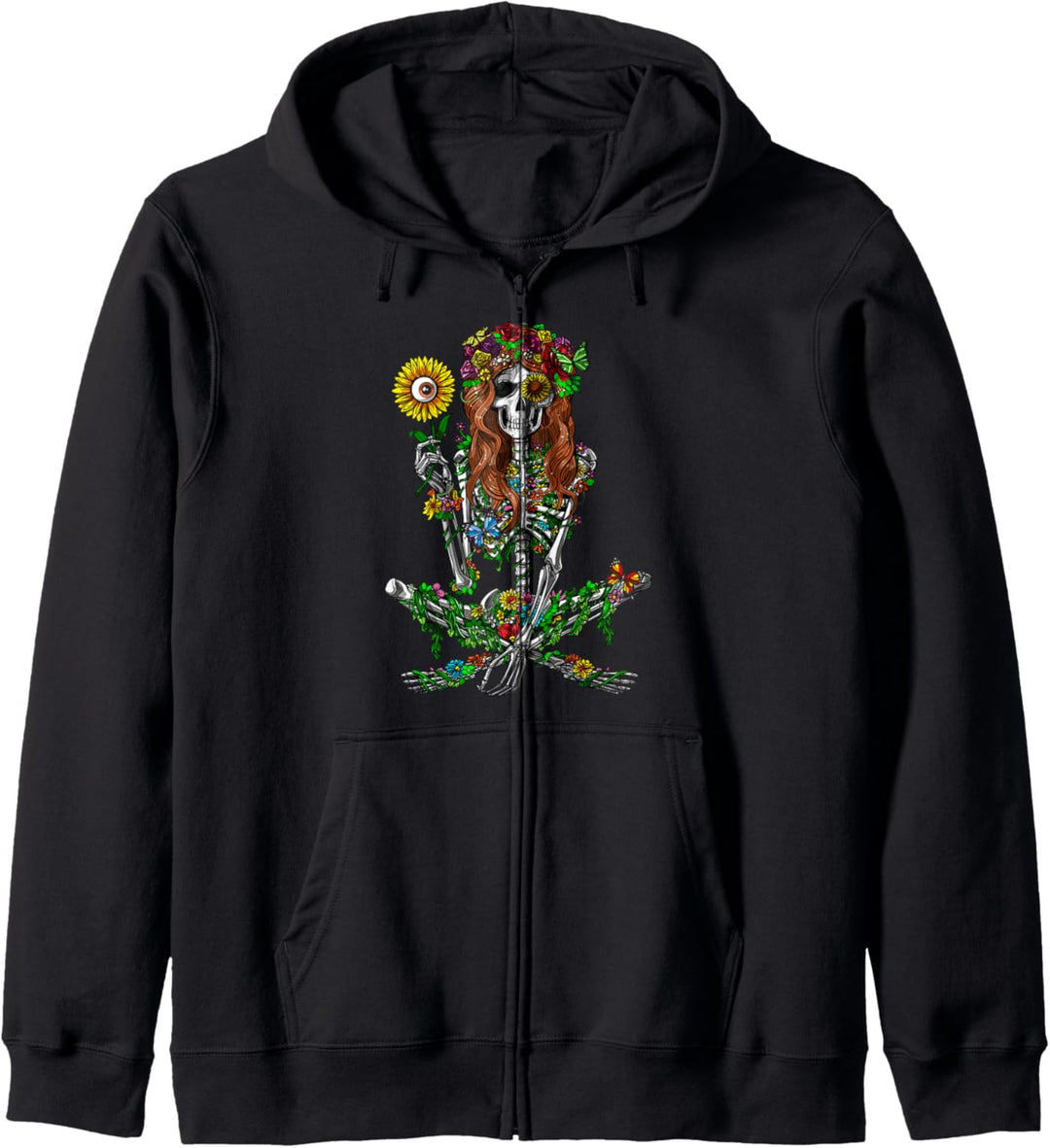 Skelett Hippie Psychedelische Sonnenblume Wald Blumen Damen Kapuzenjacke