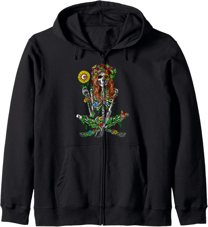 Skelett Hippie Psychedelische Sonnenblume Wald Blumen Damen Kapuzenjacke