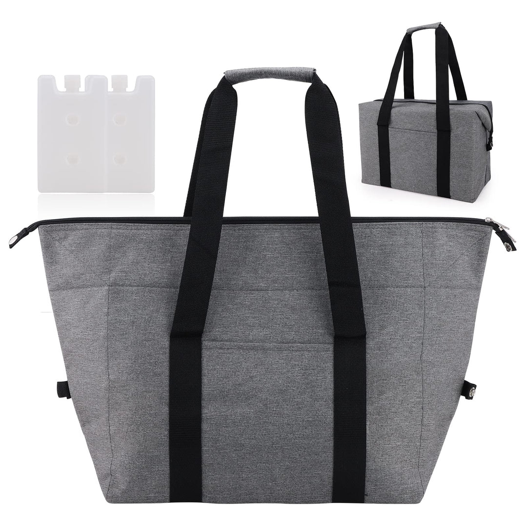 Grosse Kühltasche faltbar 20 L–Faltbare Einkaufstasche mit 2 Kühlboxen, Graue Picknicktasche mit Iso