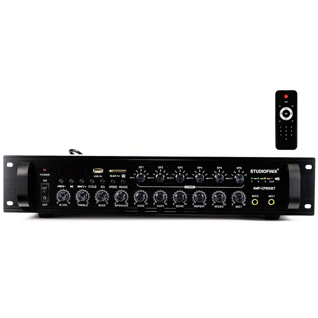 STUDIOFINIX Gewerblicher Bluetooth-Verstärker 650W 6 Zonen 70V, 2U Rack-Einbau, 3 Mikrofoneingänge m