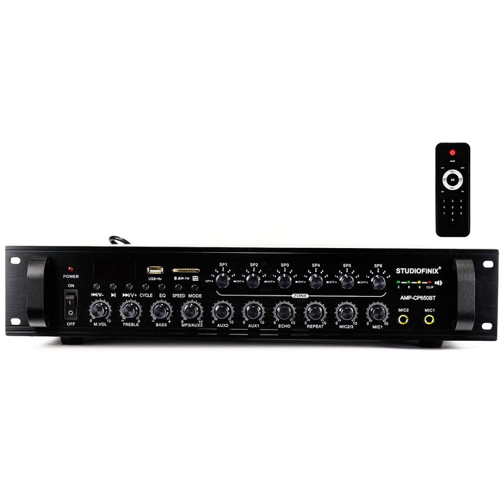 STUDIOFINIX Gewerblicher Bluetooth-Verstärker 650W 6 Zonen 70V, 2U Rack-Einbau, 3 Mikrofoneingänge m