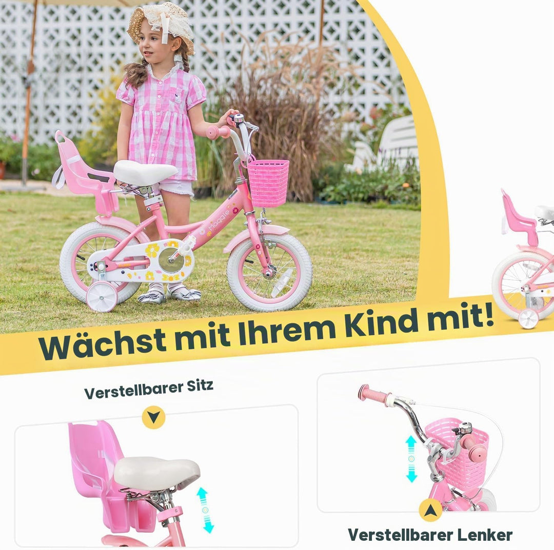 Glerc Maggie 12 14 16 Zoll KinderFahrrad für 2-7 Jahre Mädchenfahrrad alt mit Puppe-Sitz &amp; Stützräde