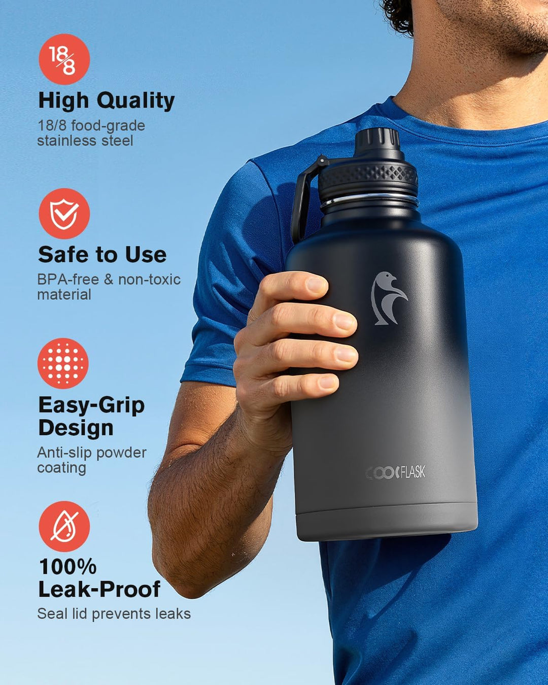 Coolflask Isolierte Wasserflasche 2L mit Strohhalm & 3 Deckeln, Isolierte Wasserflasche aus Edelstah