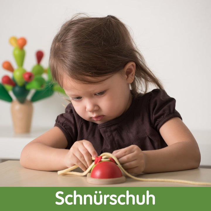 PlanToys Schnürschuh aus Holz für Kinder - Schnürsenkel Binden Lernen Kinder - Holzspielzeug zum Sch