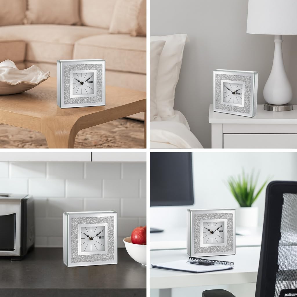 Edle Tischuhr Spiegelglas Glitzer Kristall-Optik – Dekouhr mit Spiegelrand 15x15cm – Moderne Kaminuh
