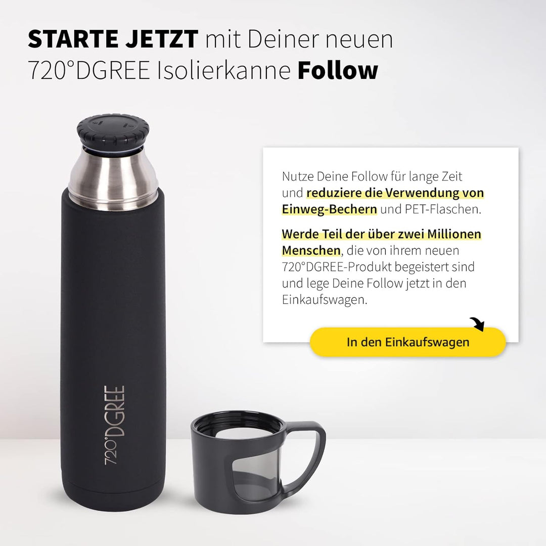 720°DGREE Thermoskanne mit Becher 700ml “Follow” - 3 Grössen, 12h Heiss, 24h Kalt, Auslaufsicher, BP