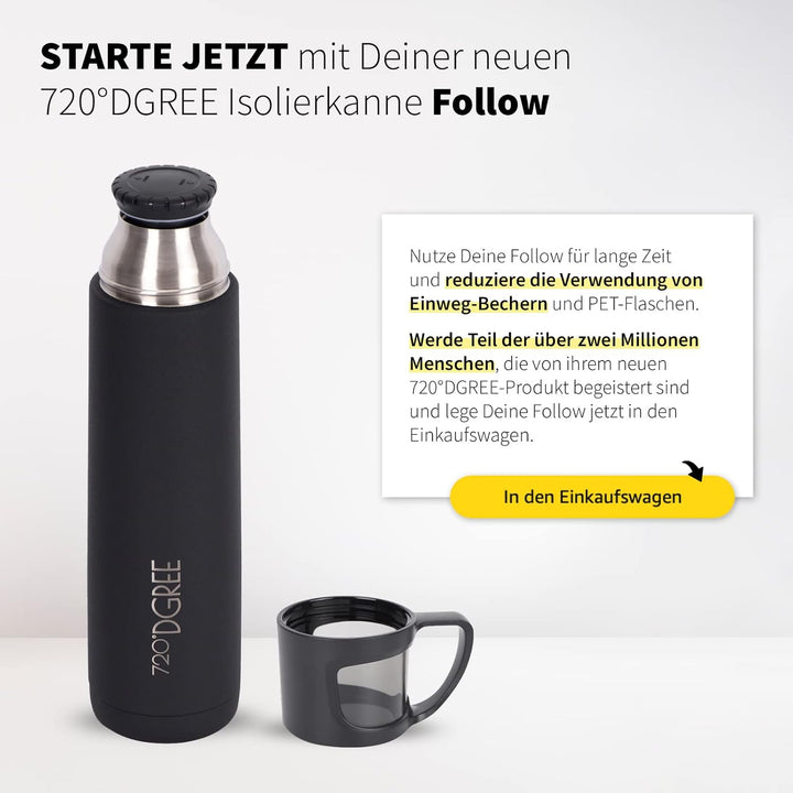720°DGREE Thermoskanne mit Becher 700ml “Follow” - 3 Grössen, 12h Heiss, 24h Kalt, Auslaufsicher, BP