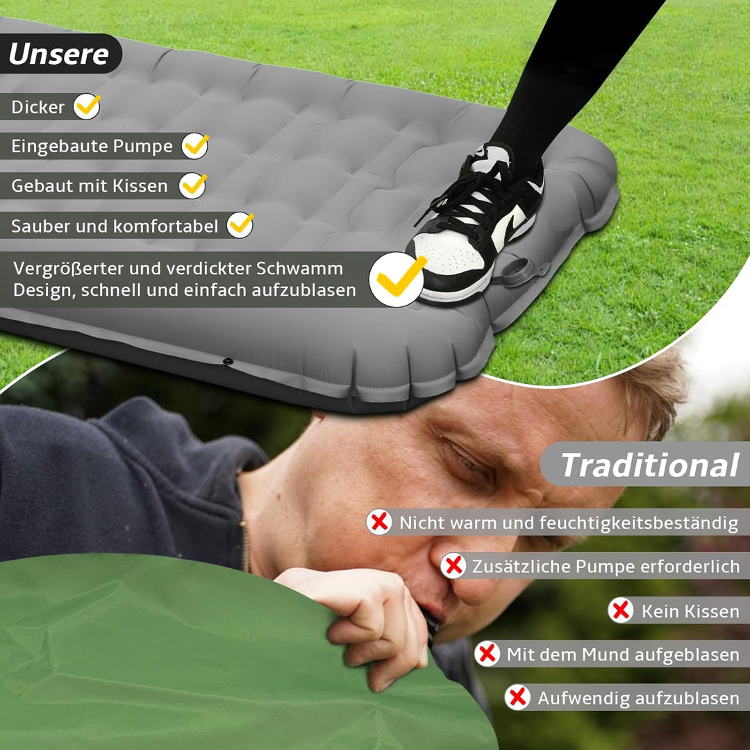 Aufblasbare Isomatte Camping mit Fusspumpe und Kopfkissen, 12 cm verdickt – Bequem, Ultraleicht, Kle