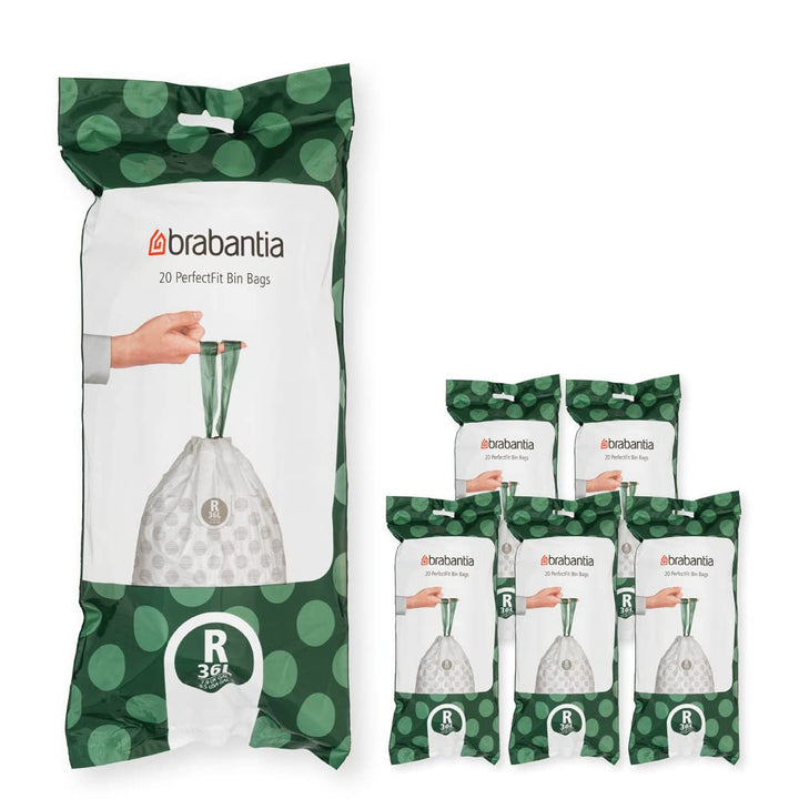 Brabantia Müllbeutel PerfectFit Multipack (Code R / 36L) Extra Starke Müllsäcke mit Zugband, 6 rolle