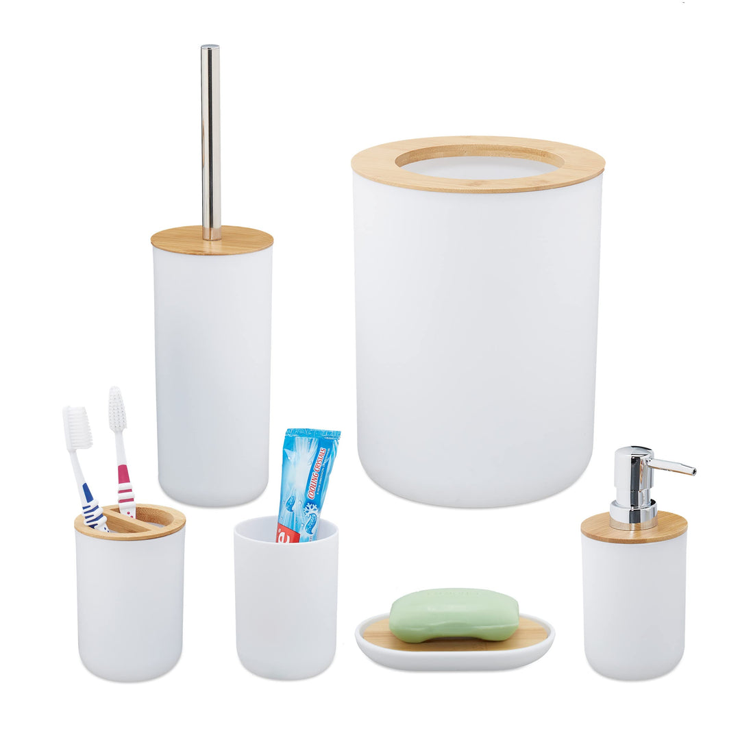 Relaxdays Badezimmer Set, 6-teilig, Badaccessoires Kunststoff, Bambus, komplette Badezimmerausstattu
