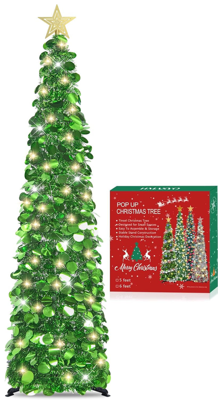 HMASYO 150 cm Pop-Up Lametta Weihnachtsbaum mit 50 Timer-Lichtern, Grün Zusammenklappbarer Künstlich