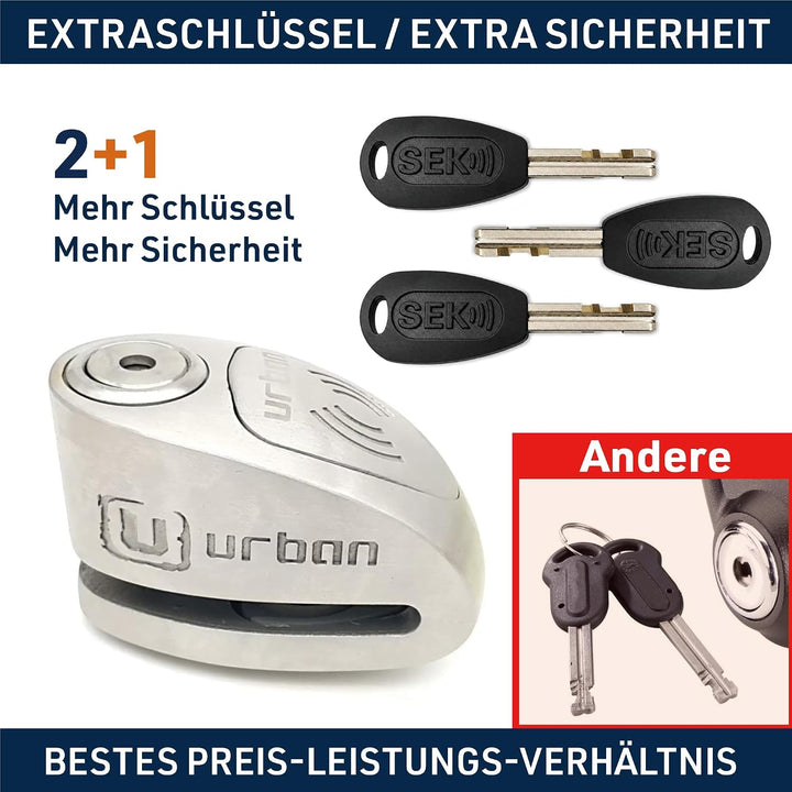 URBAN UR910S Motorrad Bremsscheibenschloss mit Alarm 120 dB + Erinnerungskabel 140cm, Doppelverriege