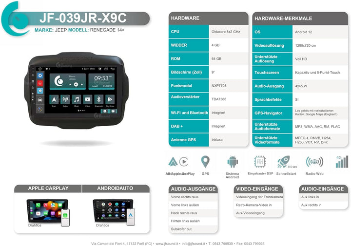 Personalisiertes Autoradio für Jeep Renegade Android GPS Bluetooth WiFi USB DAB+ Touchscreen 9" 8cor