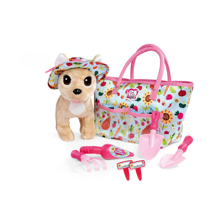 ChiChi Love Happy Gardening, Chihuahua Plüschhund mit Gartenhut, süsser Gartentasche und 6 Teile Gar