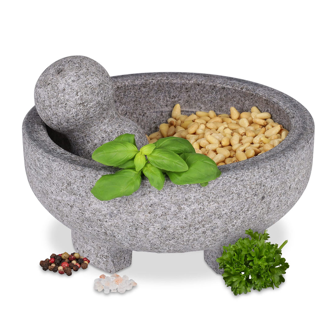 Relaxdays Mörser mit Stössel, Granit, H x D: 9 x 20 cm, robust, langlebig, unpoliert, Steinmörser Ge