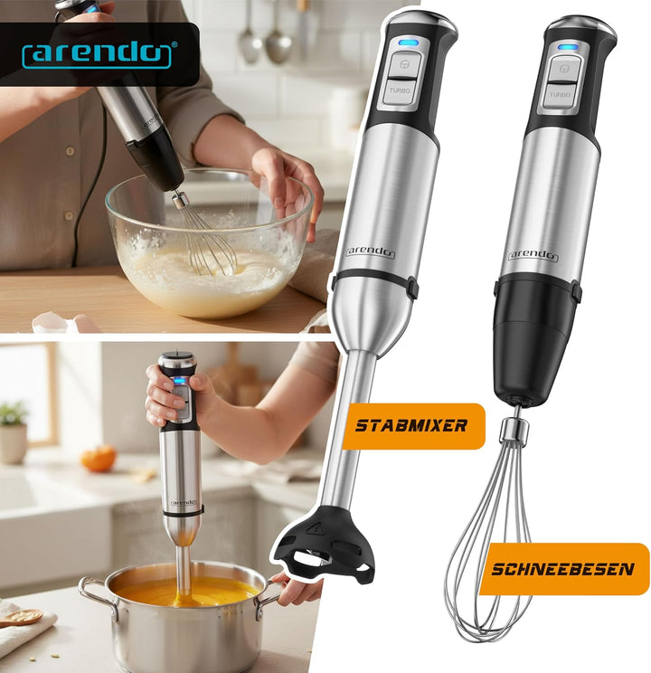 Arendo - Edelstahl Stabmixer 2000 Watt - Handmixer Set - Pürierstab - stufenlose Geschwindigkeit - T