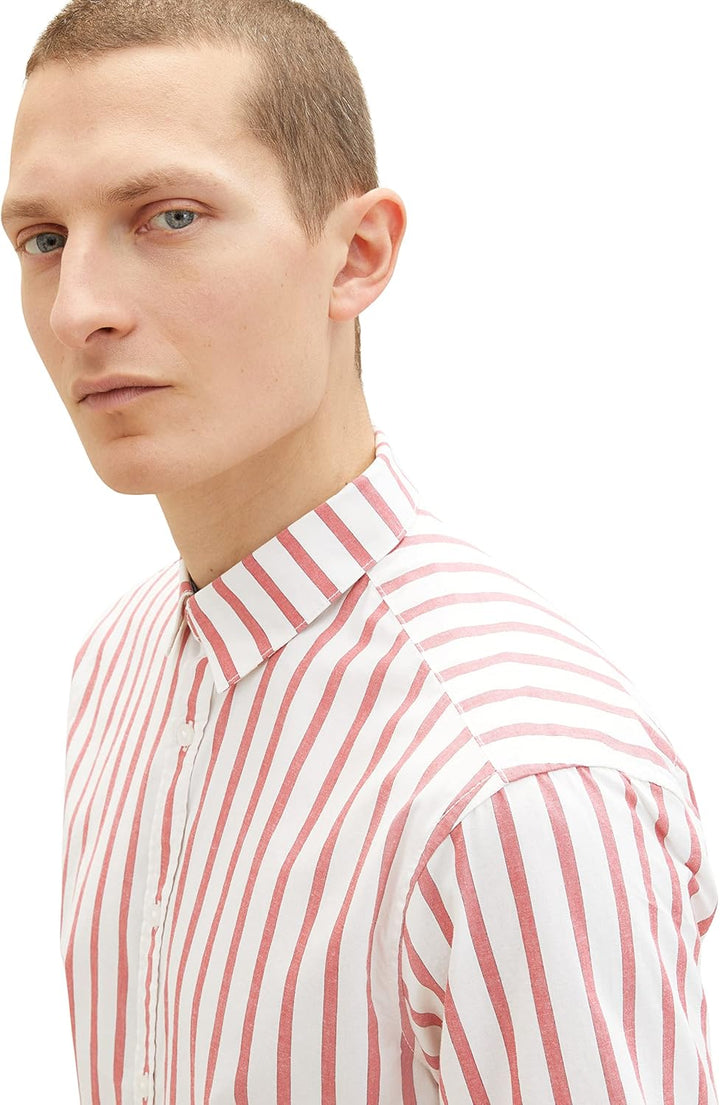 TOM TAILOR Herren Hemd mit Brusttasche M 31787 - Red Off White Stripe, M 31787 - Red Off White Strip