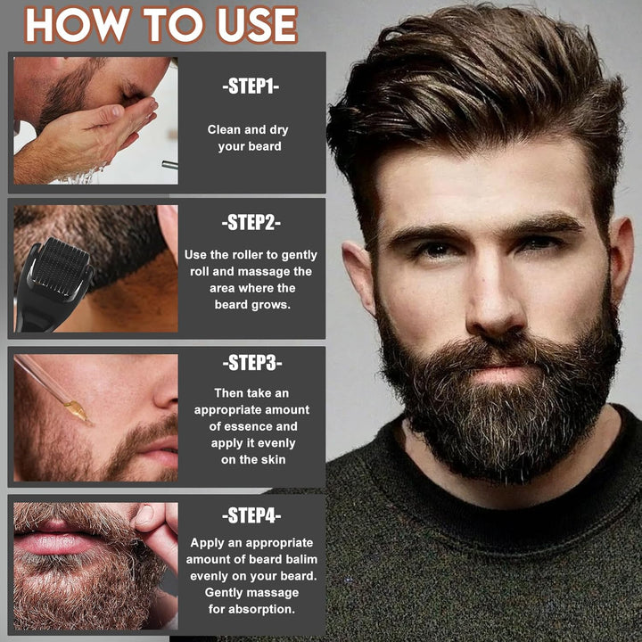 Bartwuchs Kit,Bartwachstum Set mit Bartroller,Bartwuchs Serum Öl/Bartbalsam/Beard Roller,Beard Growt