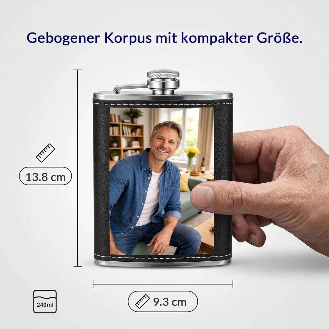 Personalisiert Flachmann mit Foto - Flachmann Kunstleder - Geeignet für Whiskey Rum und Wodka Partys