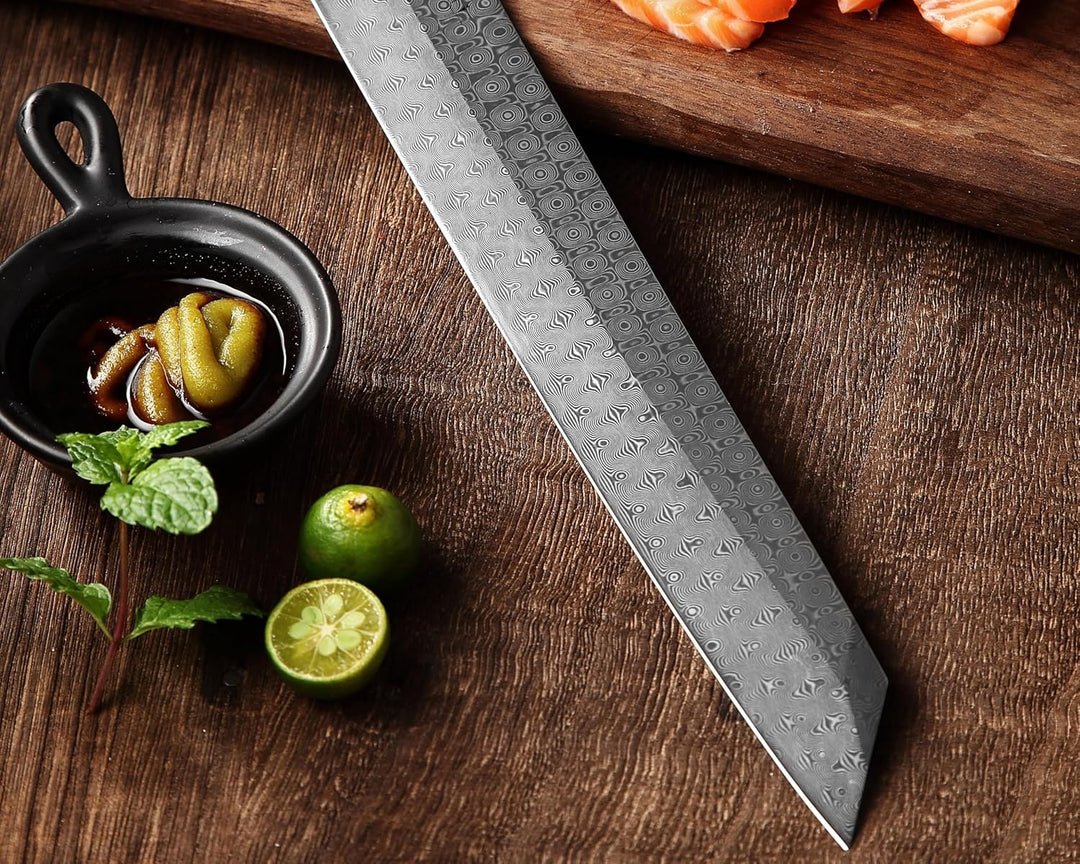 Wakoli Seishin Kiritsuke Damastmesser – 28cm Klinge aus 110 Lagen Volldamaststahl, Griff aus Wüstene