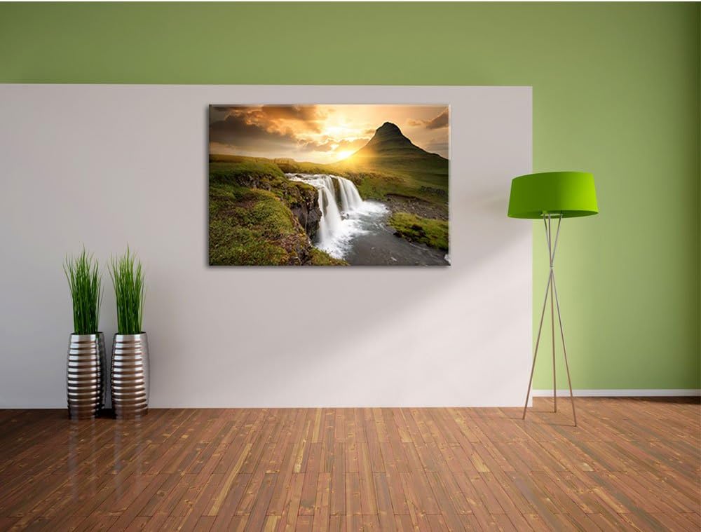 Pixxprint Wasserfall bei Sonnenuntergang als Leinwandbild/Grösse: 100x70 cm/Wandbild/Kunstdruck/fert